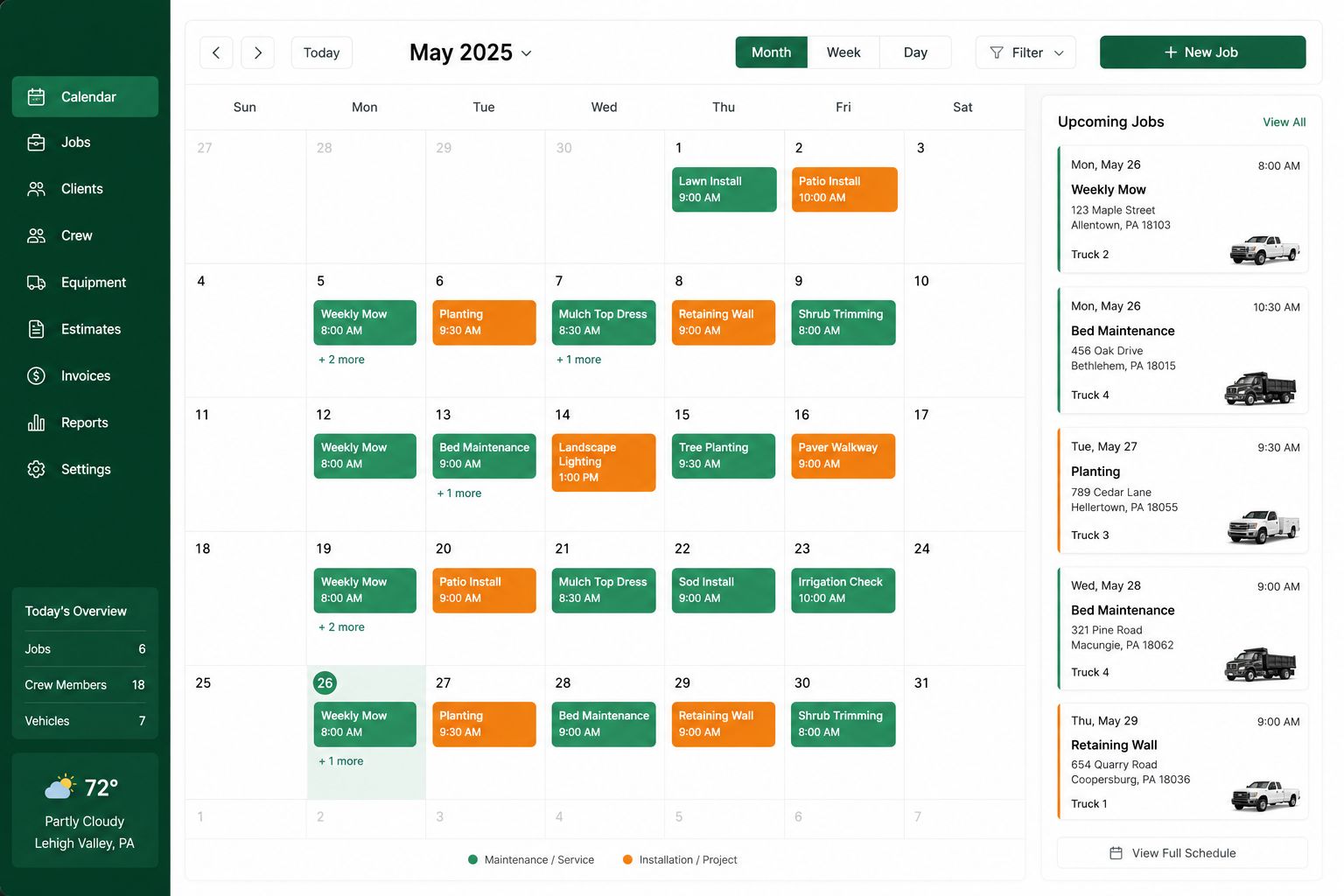 Calendar view for a landscaping business with job scheduling and truck assignments