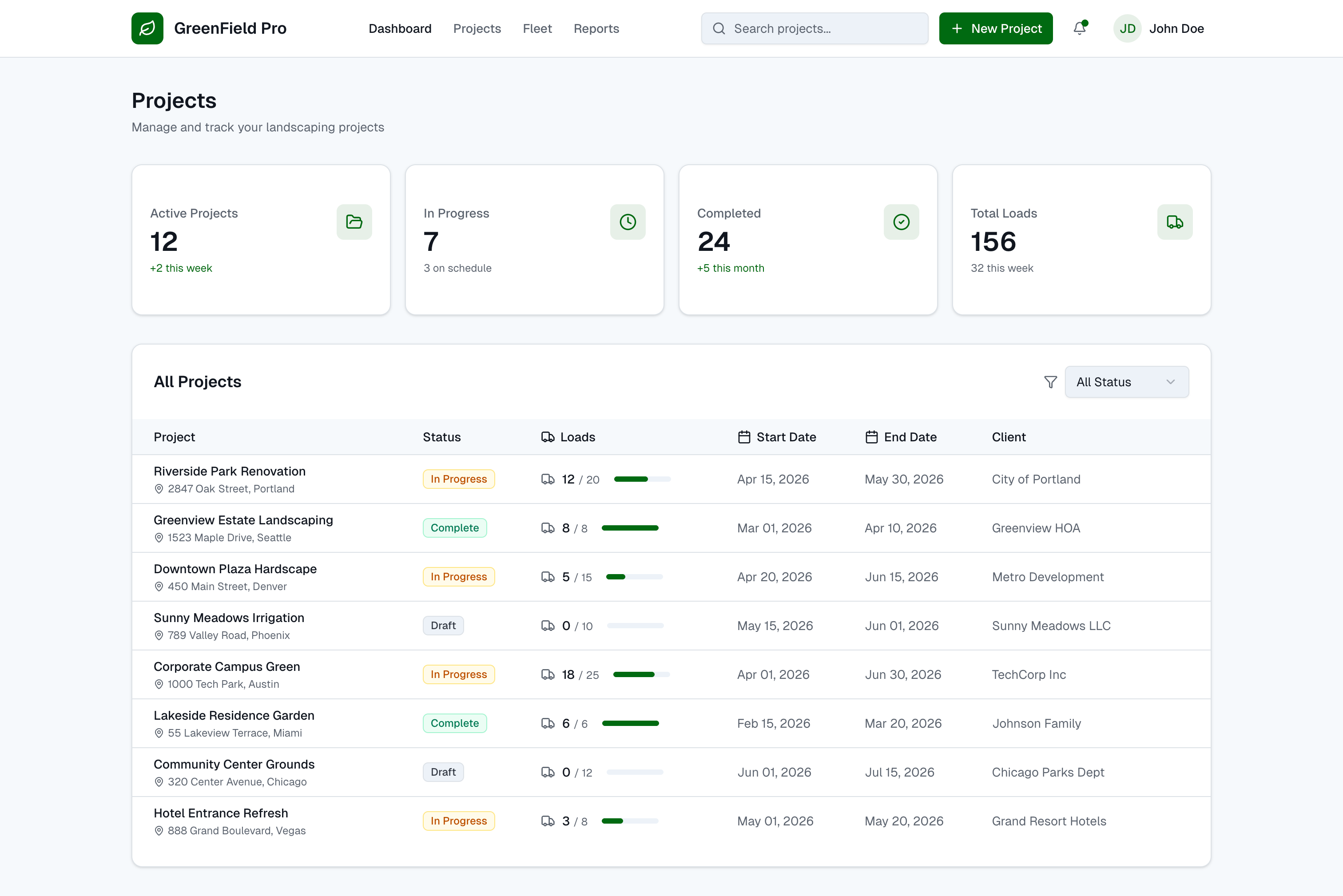 Dashboard UI showing landscaping projects with color-coded status badges