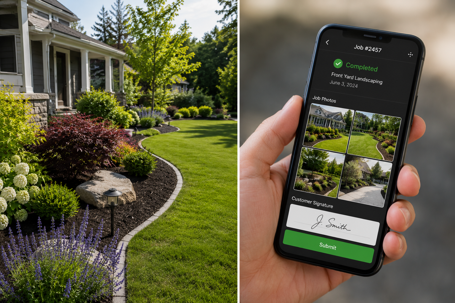 Freshly landscaped yard with smartphone showing job completion photos