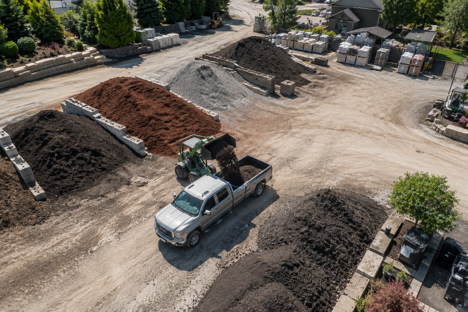 Overhead view of a landscaping material yard with trucks being loaded
