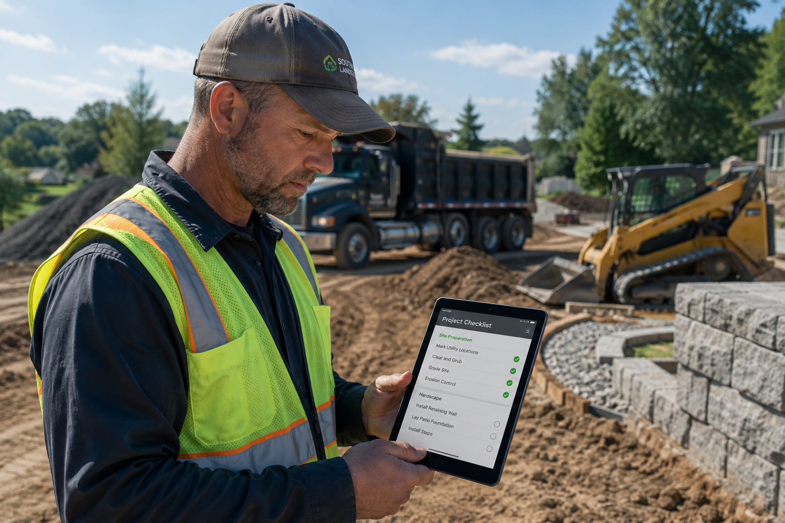 Landscaping crew foreman reviewing a digital project checklist on a tablet at a job site