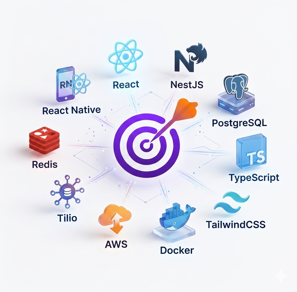 Technology stack including React, React Native, NestJS, PostgreSQL, TypeScript, and more